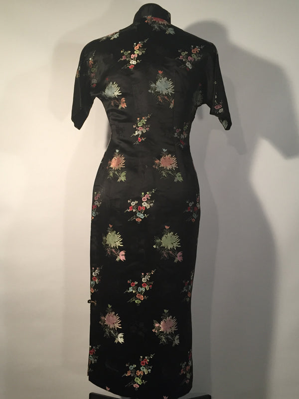 Vintage Black Satin with Floral Print Cheongsam Gown