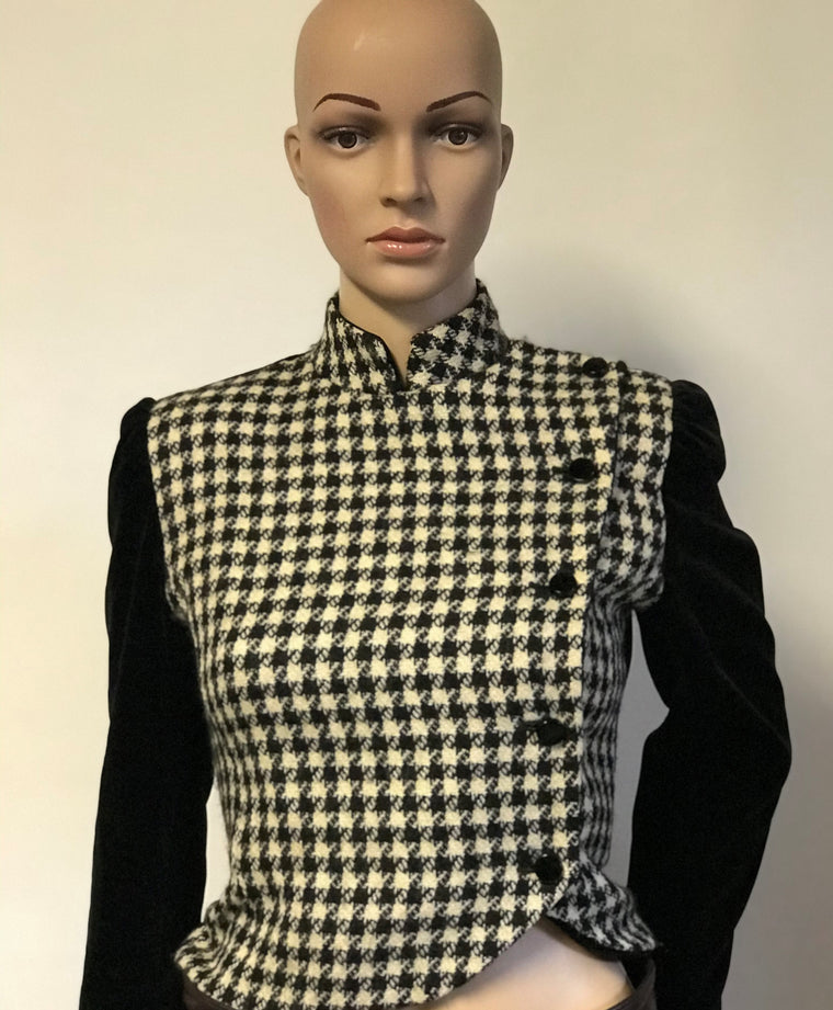 Vintage Houndstooth and Velvet Crop Jacket with Velvet Buttons