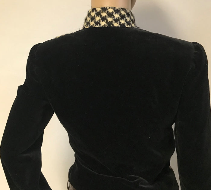 Vintage Houndstooth and Velvet Crop Jacket with Velvet Buttons