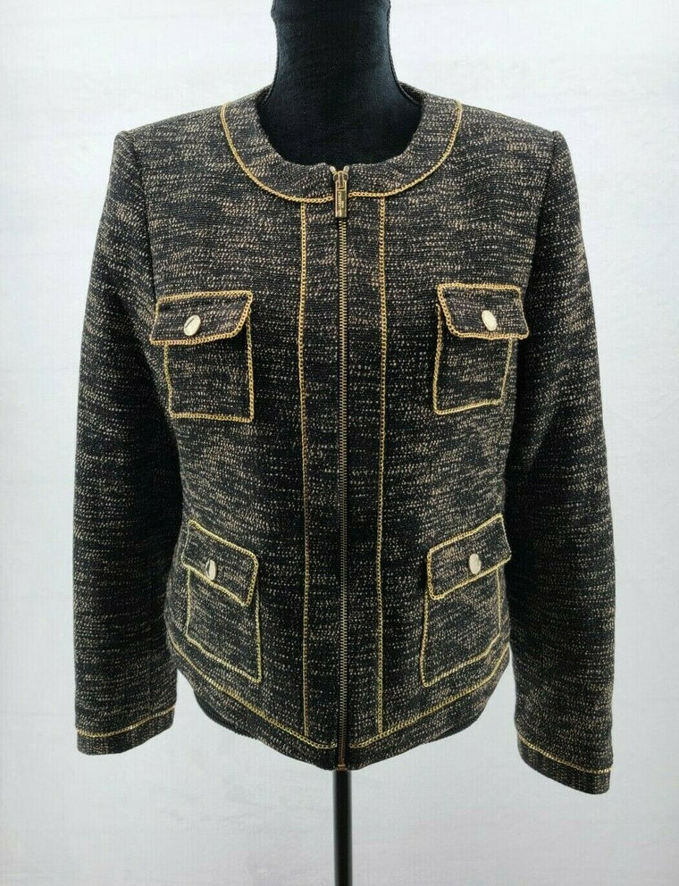 KARL LAGERFELD Chain-Trim Tweed Black/Gold Blazer Jacket Size 6