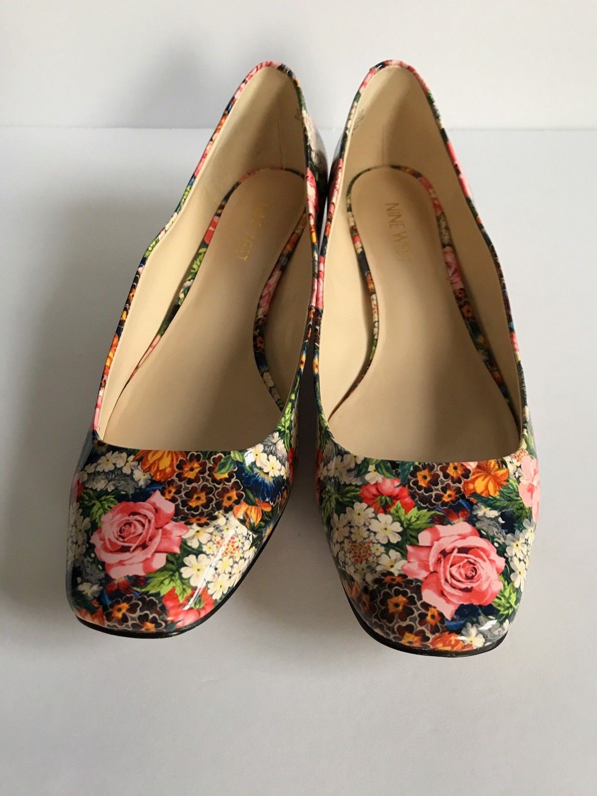 Nine West Womens Patent Leather Floral Block Heels