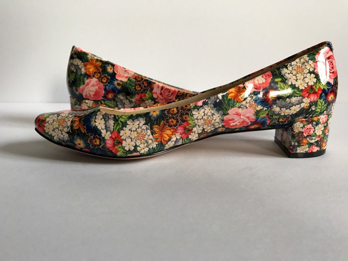 Nine West Womens Patent Leather Floral Block Heels