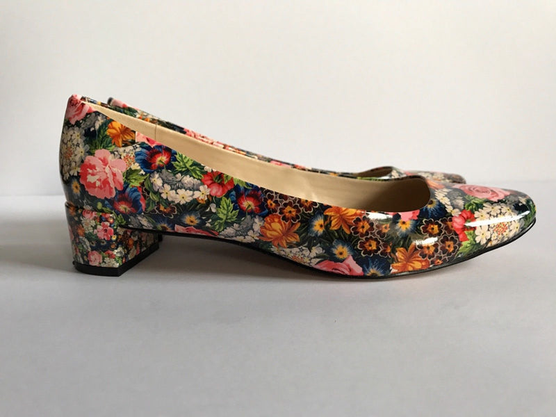 Nine West Womens Patent Leather Floral Block Heels