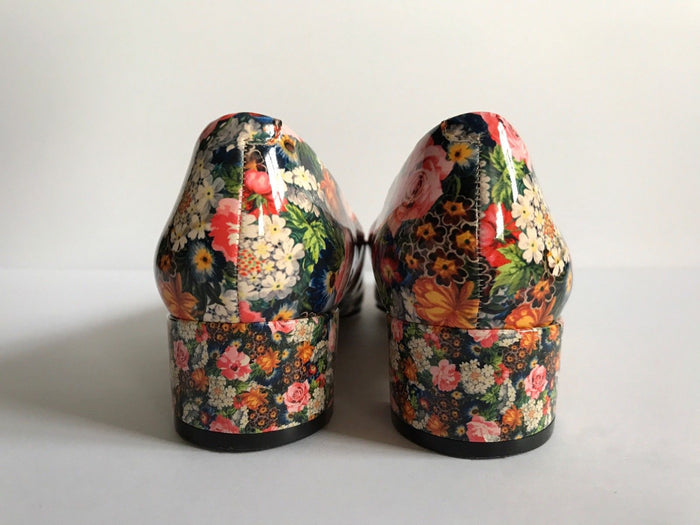 Nine West Womens Patent Leather Floral Block Heels