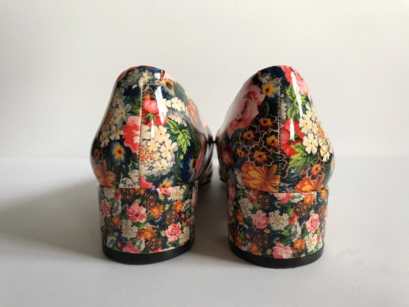 Nine West Womens Patent Leather Floral Block Heels