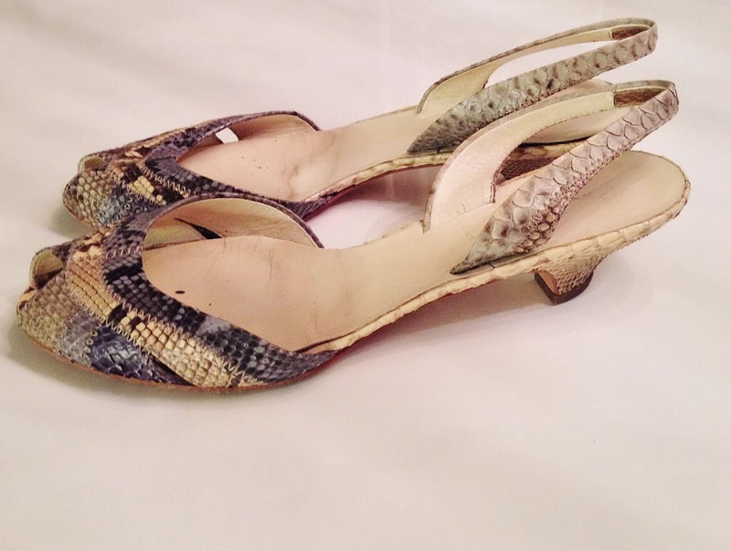 PRADA - Green purple White Snakeskin Pointed Toe Slingback Sandals 37 1/2