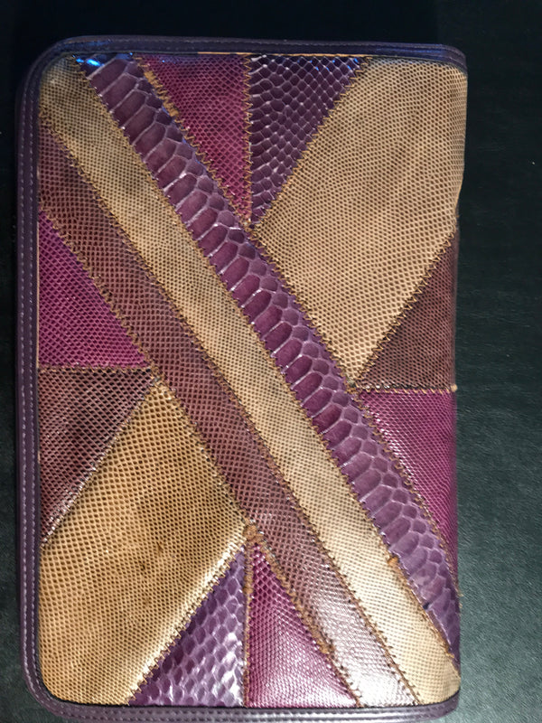 Patchwork Purple an tan Snakeskin Lizard and snakeskin 80's clutch
