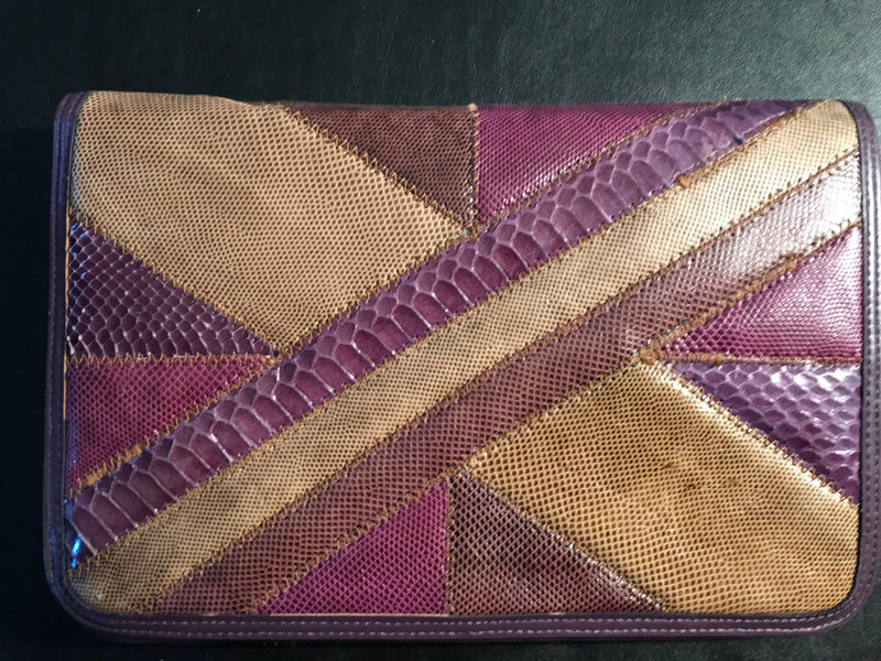 Patchwork Purple an tan Snakeskin Lizard and snakeskin 80's clutch