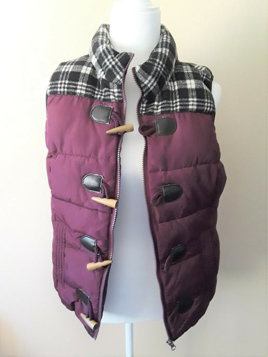 Ruff Hewn Womens Med Puffer Vest Full Zip Toggle Wooden Buttons w/ Plaid Wool