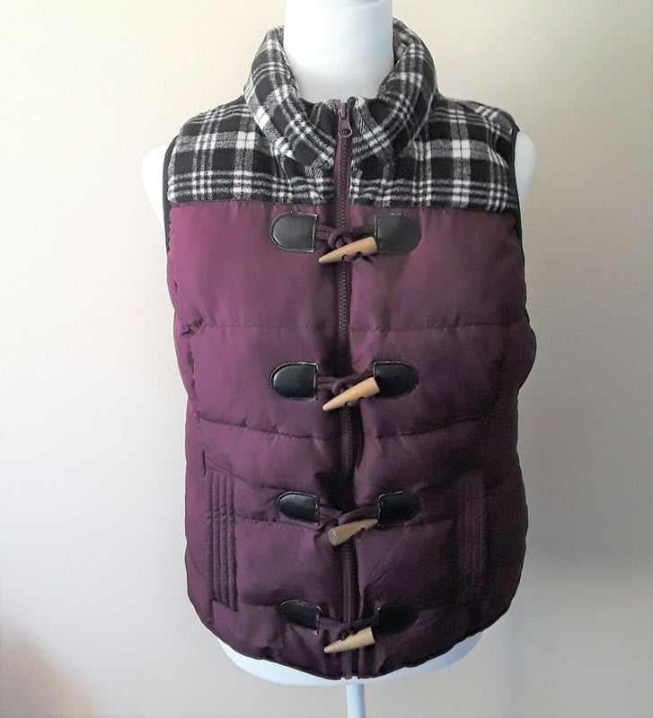 Ruff Hewn Womens Med Puffer Vest Full Zip Toggle Wooden Buttons w/ Plaid Wool