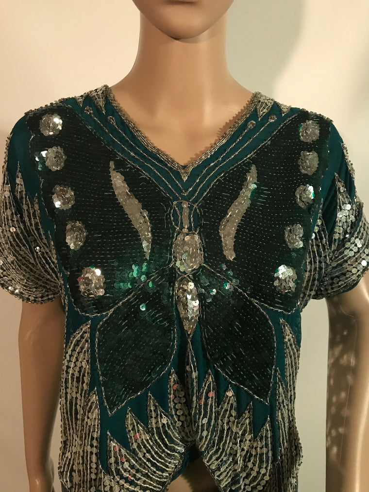 Vintage SEQUIN and BEADED BUTTERFLY Top