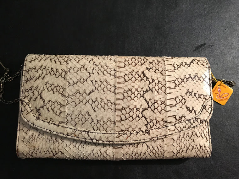 Genuine Vintage Snakeskin Tan clutch  with gold chain