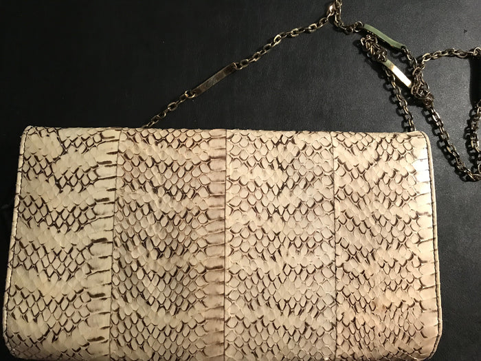 Genuine Vintage Snakeskin Tan clutch  with gold chain