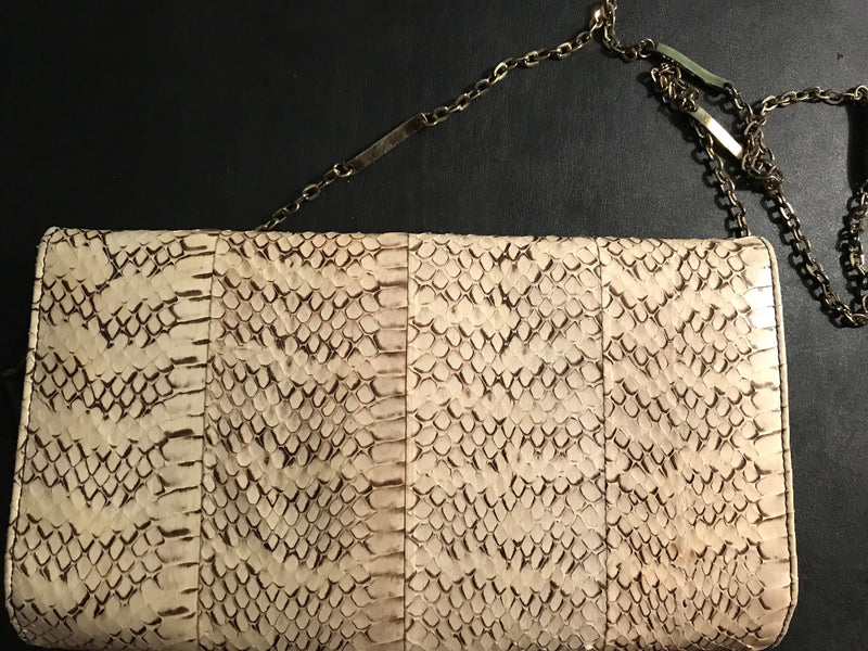 Genuine Vintage Snakeskin Tan clutch  with gold chain