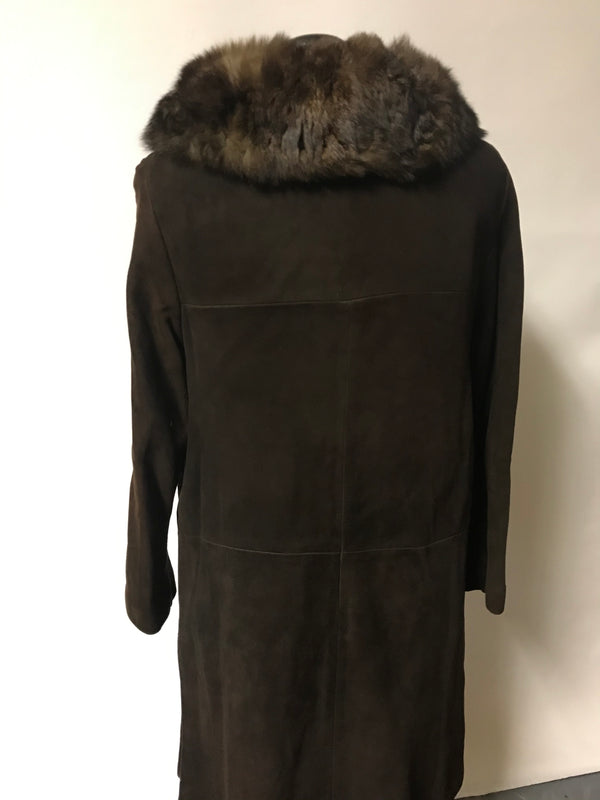 Vintage 1960's Brown Suede Leather Coat with Fur Collar -Medium