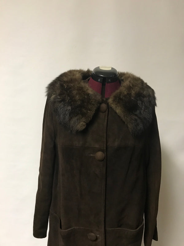 Vintage 1960's Brown Suede Leather Coat with Fur Collar -Medium