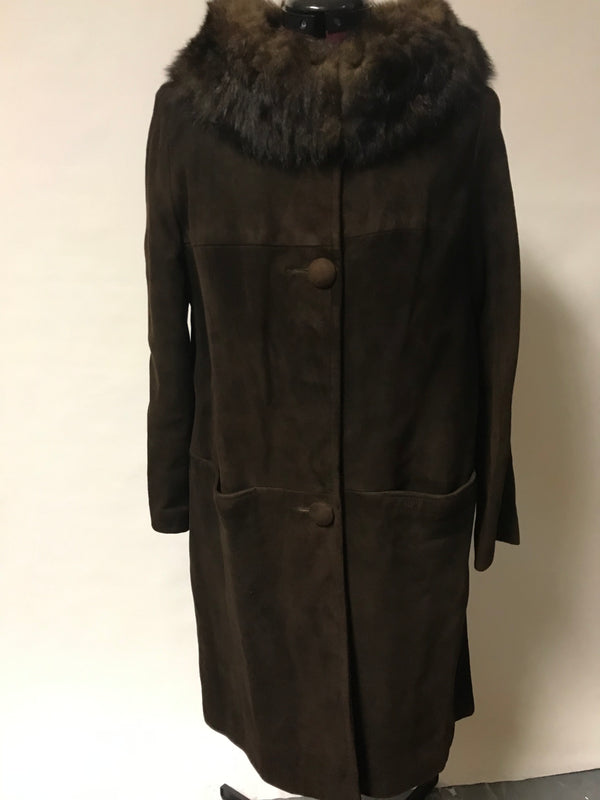 Vintage 1960's Brown Suede Leather Coat with Fur Collar -Medium