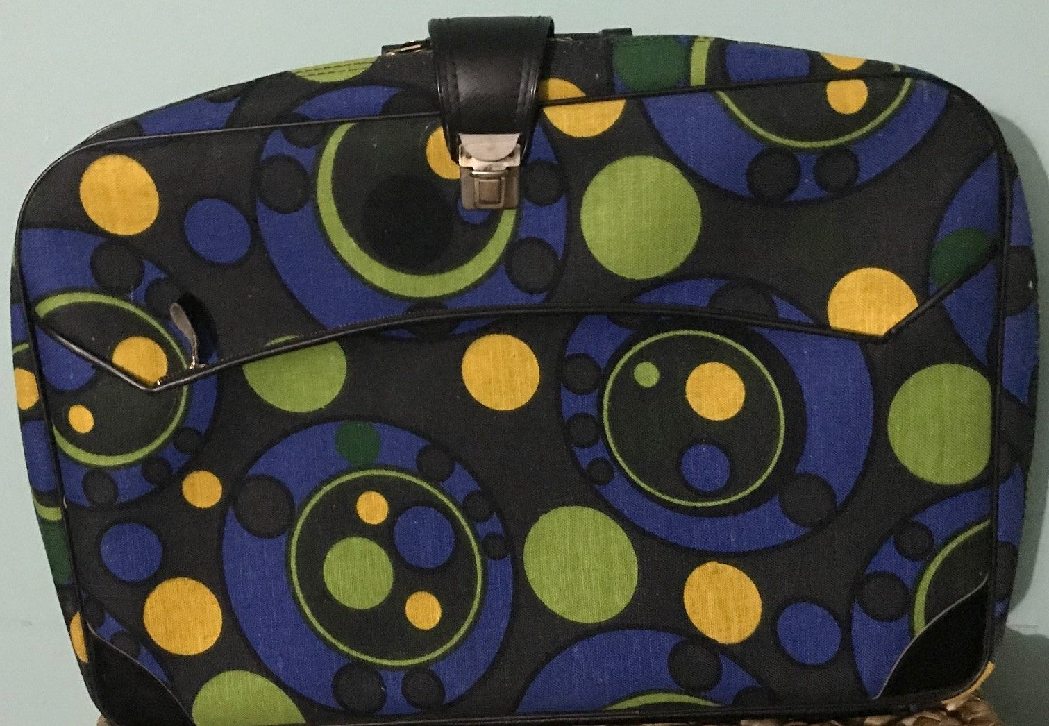 Mid-Century Vintage 60's  multi-color circle  fabric bantam Groovy "Circles" Print Carry On Luggage