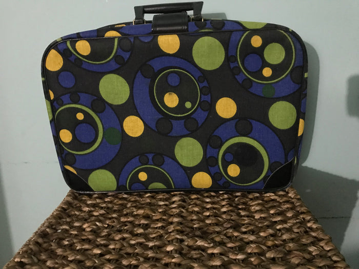 Mid-Century Vintage 60's  multi-color circle  fabric bantam Groovy "Circles" Print Carry On Luggage