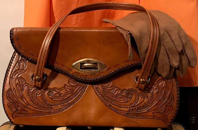 Large Vintage Country Western Hand Tooled Brown Leather Box Purse 1950's