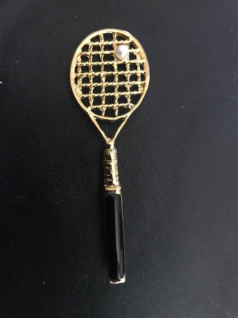 Tennis Racket Pin Brooch w/ White Ball Nice Gold Tone