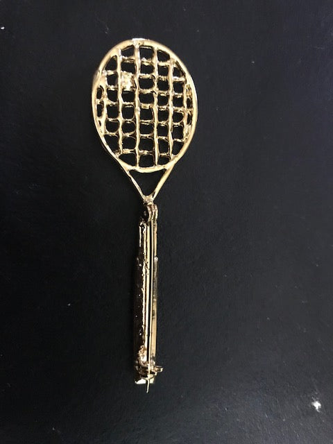 Tennis Racket Pin Brooch w/ White Ball Nice Gold Tone