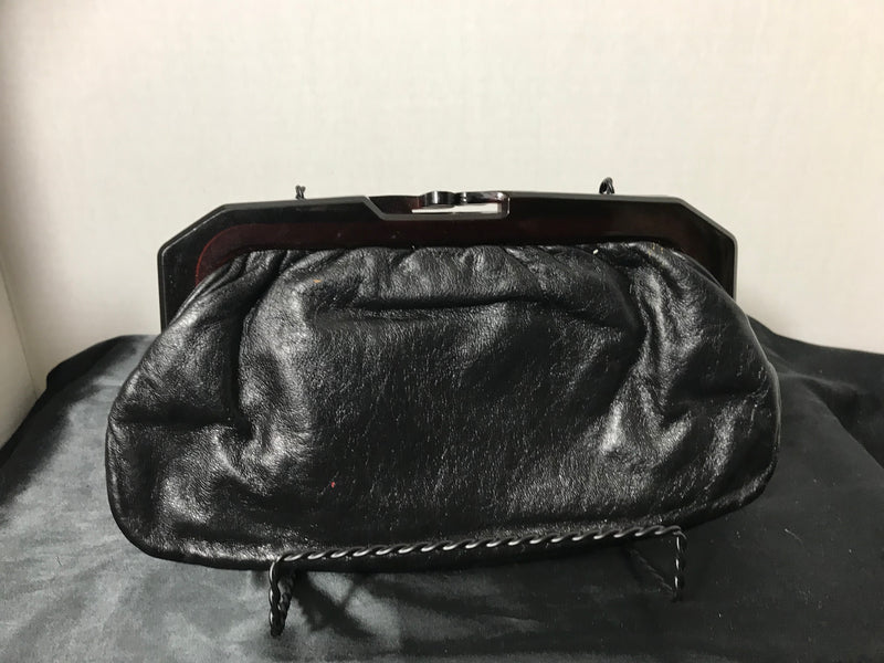 1950s  Black Leather Clutch Handbag with Bakelite Handles