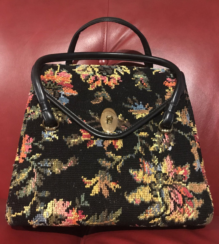 Vintage Olla' 1950's - 1960's Floral Tapestry Carpet Bag