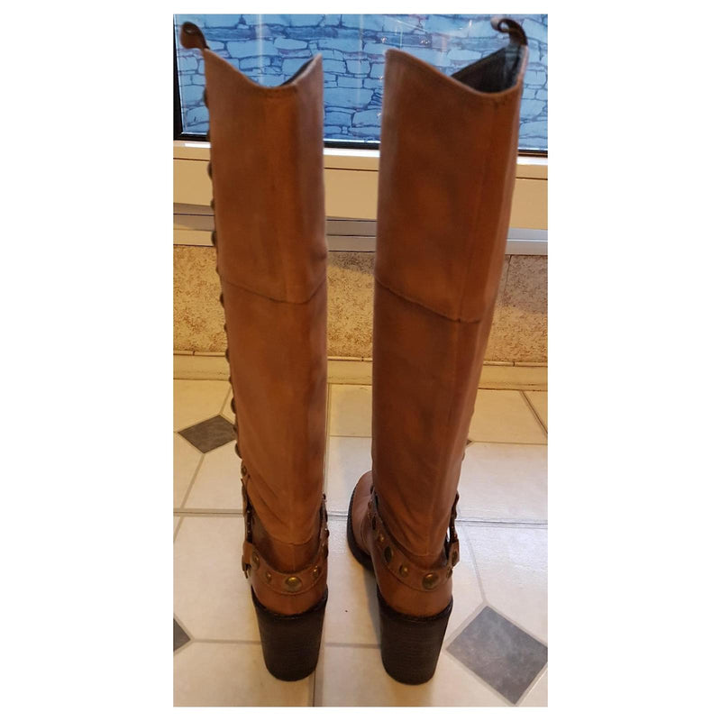 Janet & Janet Tan Tan Tan Leather Heeled Boots With Metal Rivets Beige Light brown Caramel Size 39