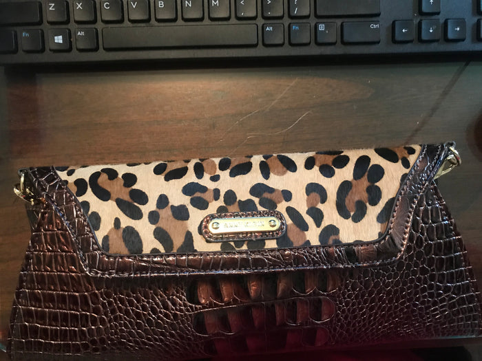 80's vintage Anne Klein purse, faux leopard print/ patent leather,detachable chain shoulder strap , clutch, retro designer
