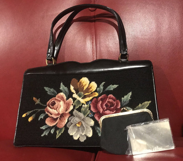 Black Leather & Needle Point Purse  Made in British Hong Kong for Lansfurgh's