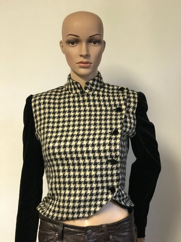 Vintage Houndstooth and Velvet Crop Jacket with Velvet Buttons