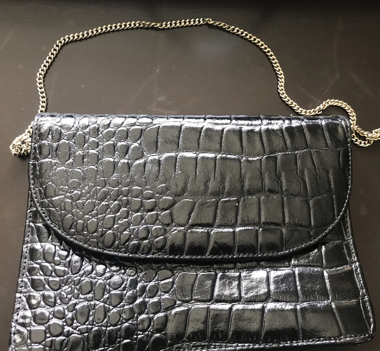 Vintage Bags by  Sylvia croc embossed patent leather double flap shoulder bag/clutch