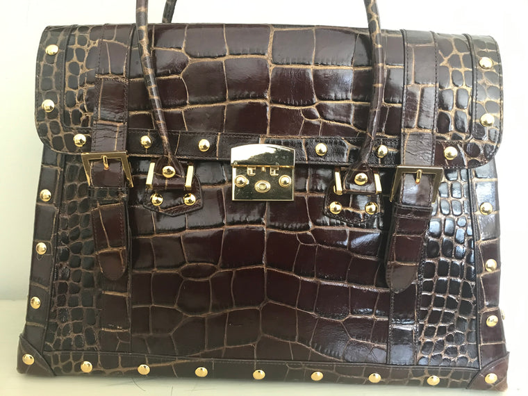 Nordstrom Made In Italy Brown Croc Embossed Leather Satchel Purse Bag