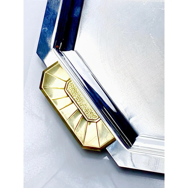 Vintage Jean Couzon Orfevre, Paris Art Deco Revival Tray Stainless Steel and Bronze Octagonal