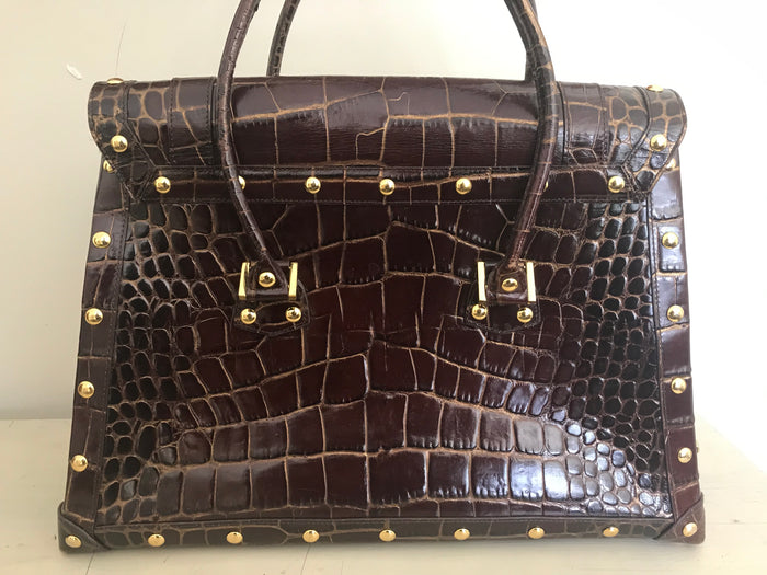 Nordstrom Made In Italy Brown Croc Embossed Leather Satchel Purse Bag