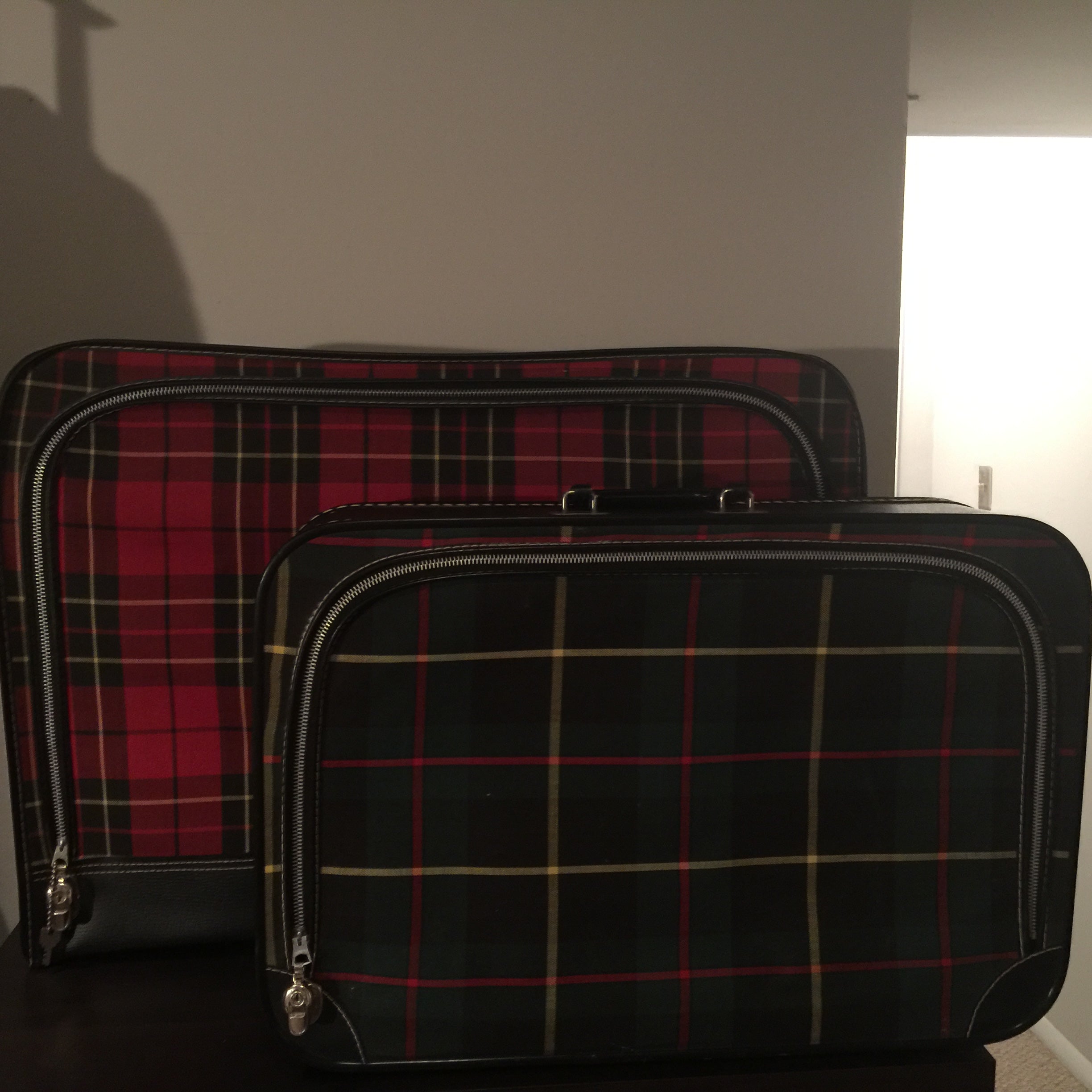 Mid Century Black, White, Blue, Green, and Red Plaid Suitcases, Tartan Plaid Luggage, Storage