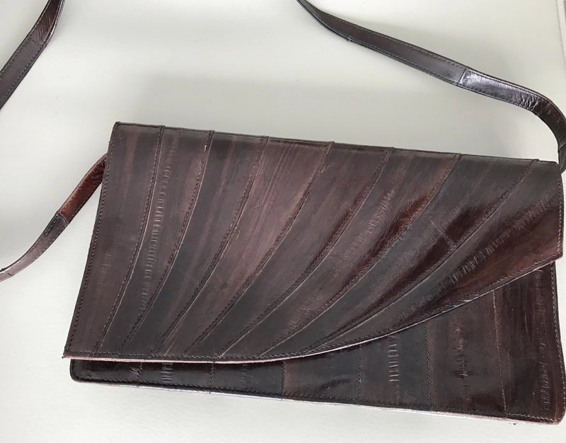 Vintage Brown Eel Skin Convertible Crossbody Clutch Bag