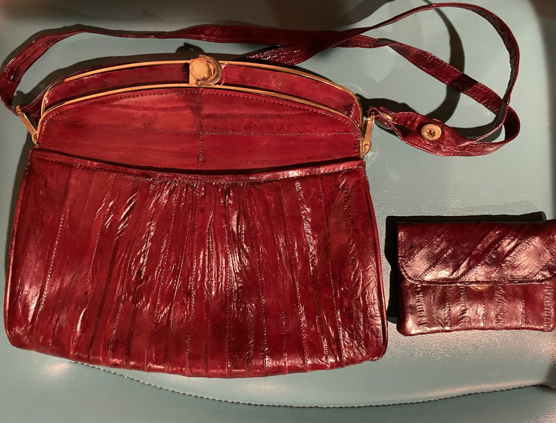 SALE Deep Red Eelskin Shoulder Handbag Vintage 1970s