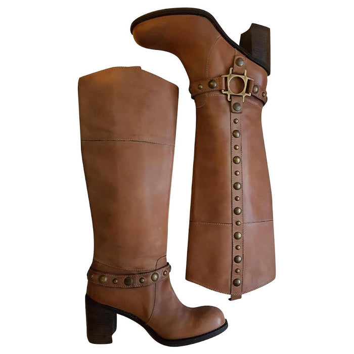 Janet & Janet Tan Tan Tan Leather Heeled Boots With Metal Rivets Beige Light brown Caramel Size 39