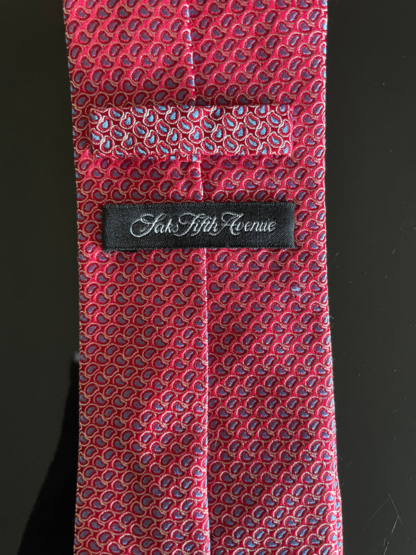 Saks Fifth Avenue  Mens 100% Silk   Red With Blue Tie