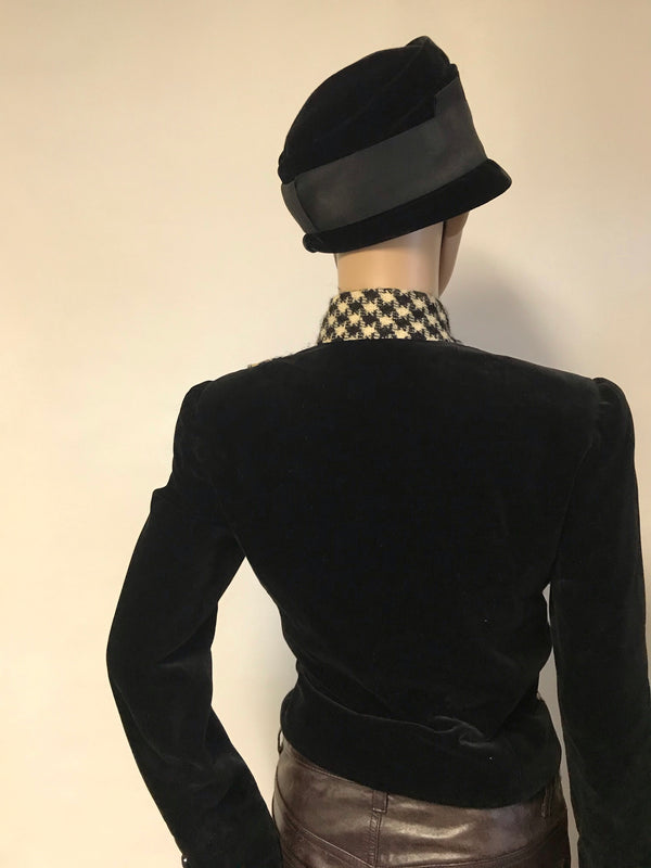 Vintage Houndstooth and Velvet Crop Jacket with Velvet Buttons