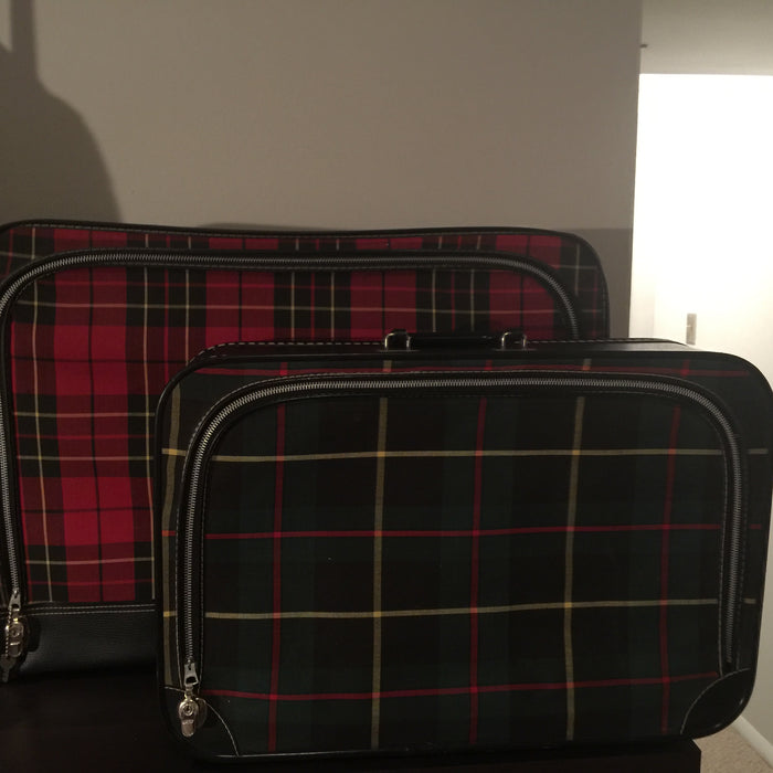 Mid Century Black, White, Blue, Green, and Red Plaid Suitcases, Tartan Plaid Luggage, Storage