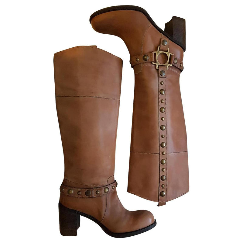 Janet & Janet Tan Tan Tan Leather Heeled Boots With Metal Rivets Beige Light brown Caramel Size 39