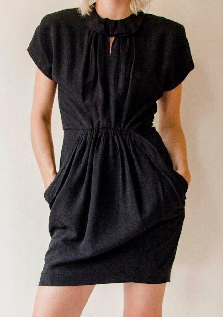 Vintage Norma Kamali 1980s black mini draped dress with pockets