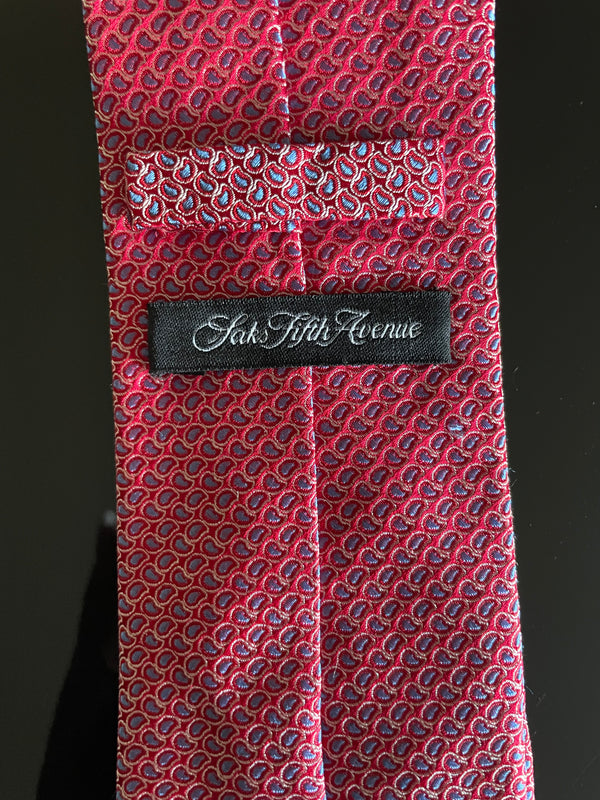 Saks Fifth Avenue  Mens 100% Silk   Red With Blue Tie