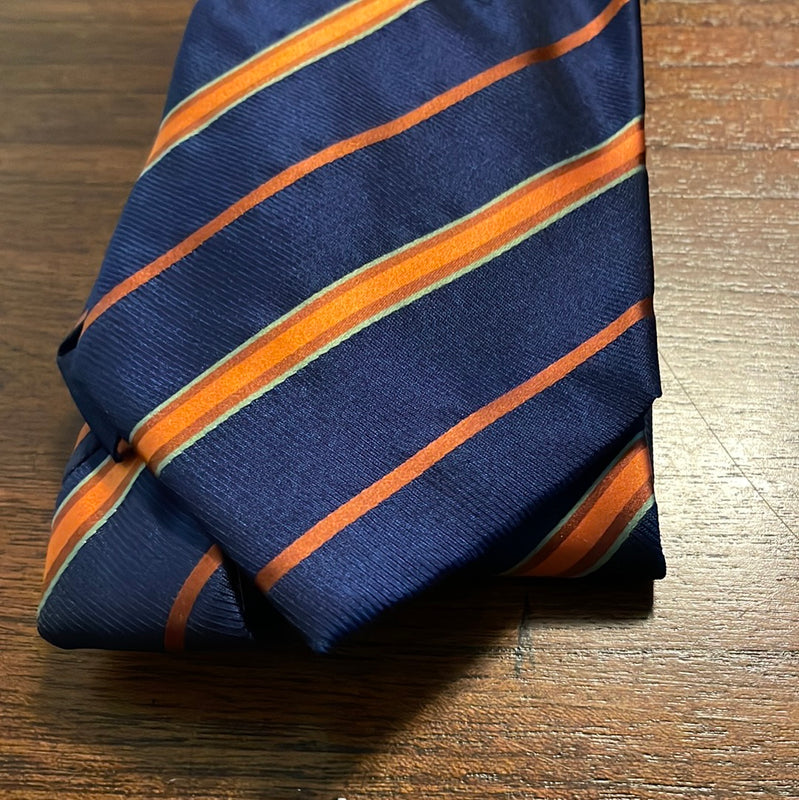 Burberry Navy Blue, Rust, and Orange Diagonal Striped Silk