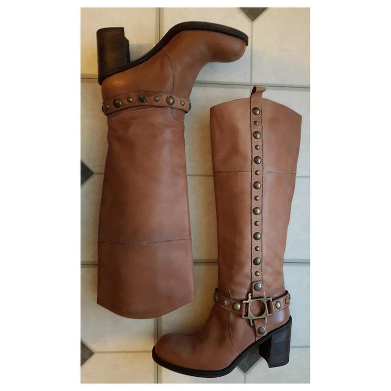 Janet & Janet Tan Tan Tan Leather Heeled Boots With Metal Rivets Beige Light brown Caramel Size 39