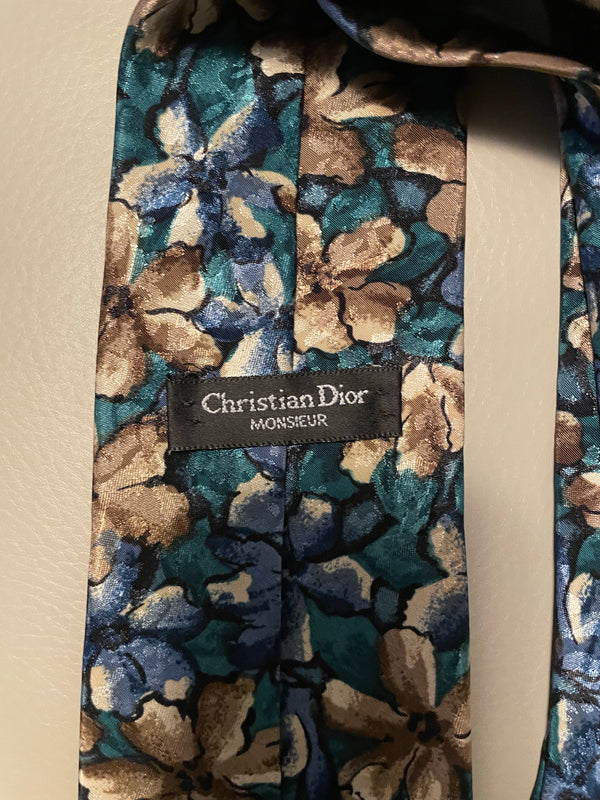 CHRISTIAN DIOR  Monsieur Blue, Green, and Tan Flowered Tie