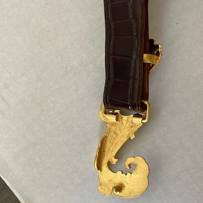 WOMENS BROWN ALLIGATOR GOLDTONE FLORAL SCROLLS BUCKLE BELT